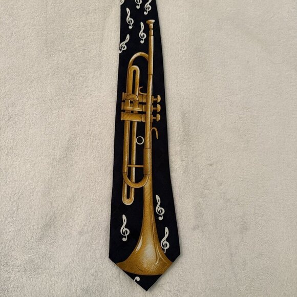 Florence Ltd Silk Necktie Navy White Clefs & Golden Musical Horn Tie - Picture 1 of 5